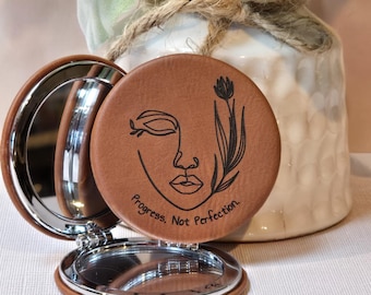 Personalized Compact Mirror: Engraved Dual Sided Mirror Leatherette