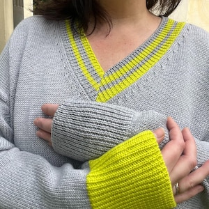 Oversized Merino Wool Sweater: Grey Knit Jumper with Neon Yellow Detail