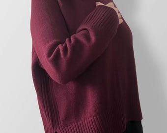 Suéter de cuello alto de lana merino burdeos: jersey de punto extragrande