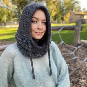 May include: A dark gray knitted hood with a drawstring closure. The hood is worn over a light blue sweater. The background is a blurred outdoor scene with trees and a wooden structure. The hood appears to be handmade.
