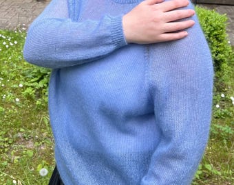 Suéter de mohair para mujer, color azul bebé, holgado, con mangas murciélago, cuello redondo, largo y reglan.