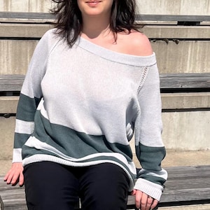 Off Shoulder Color Block Sweater, Loose Knit Cotton Pullover for Women , Summer Oversized Knit Top, Handmade minimalist style
