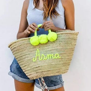 Boho Custom Woven Large Basket Bag beach Bag straw moroccan basket,bridal shower bags,Gift For Her,Straw Basket With Initial,Monogrammed