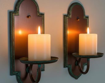 Apliques de pared arqueados de latón con pátina de cobre – Juego de dos soportes de pared
