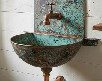 Lavabo mural de cobre con pátina verde, lavabo de baño vintage, lavabo de tocador flotante rústico