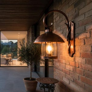 Aplique de pared vintage de cobre, estilo rústico de granja, lámpara industrial para exteriores hecha a mano.