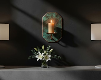 Patina Brass Wall Candle Sconce – Verdigris Metal Holder, Minimalist Rustic Decor