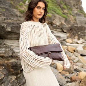 Bolso de mano de piel – Bolso grande plegable y suave / Monedero extragrande hecho a mano con cierre enrollable de curtido vegetal para mujer