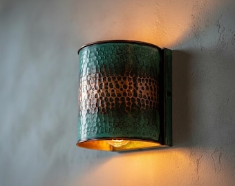 Hammered Metal Wall Sconce Lamp | Green Copper Rustic Industrial Light