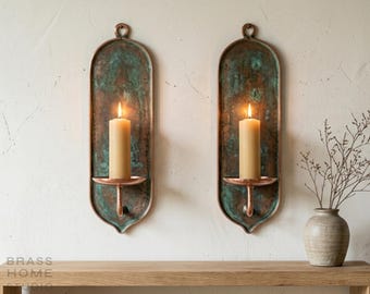 Juego de 2 candelabros arqueados de cobre con pátina verde: candelabros de pared de latón hechos a mano