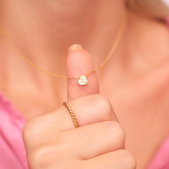Gold Pave Heart Necklace, Micro Pave Heart Necklace,Pendant, CZ Stone Pendant in Sterling Silver