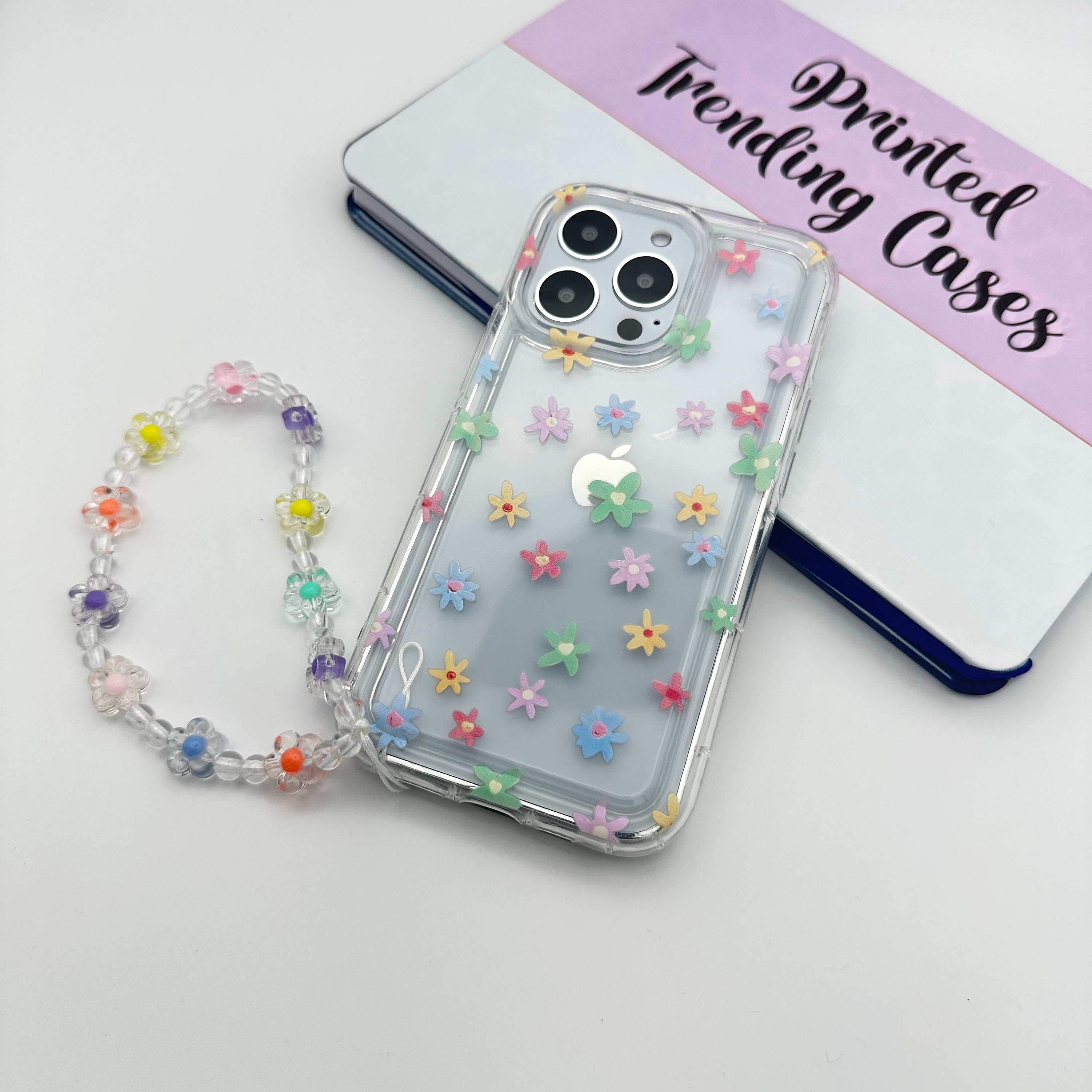 Pastel Flower Clear Phone Case With Charm Lanyard for iPhone