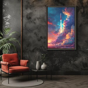 Verträumter Raumschiffstart | Fantastische Landschaft Poster | Sci-Fi Kunstdruck | Sternenhimmel | Surreale Wanddekoration | Science Fiction Kunstwerk