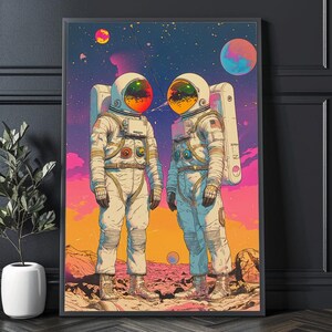 Astronautas en un planeta desértico / Arte cósmico de cielo estrellado / Póster espacial único / Arte de pared de galaxia / Decoración de ciencia ficción / Interestelar surrealista