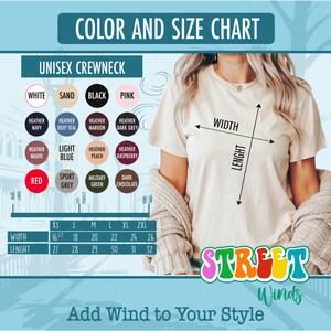 a woman wearing a white t - shirt with the words, color and size chart