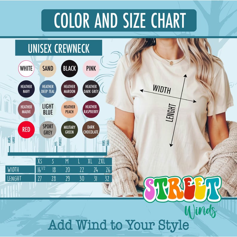 a woman wearing a white t - shirt with the words, color and size chart