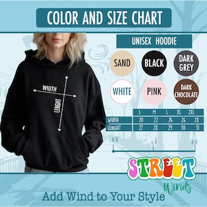 a woman wearing a black hoodie with the words color and size chart on it