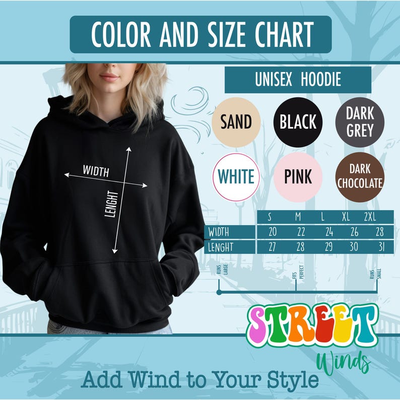a woman wearing a black hoodie with the words color and size chart on it