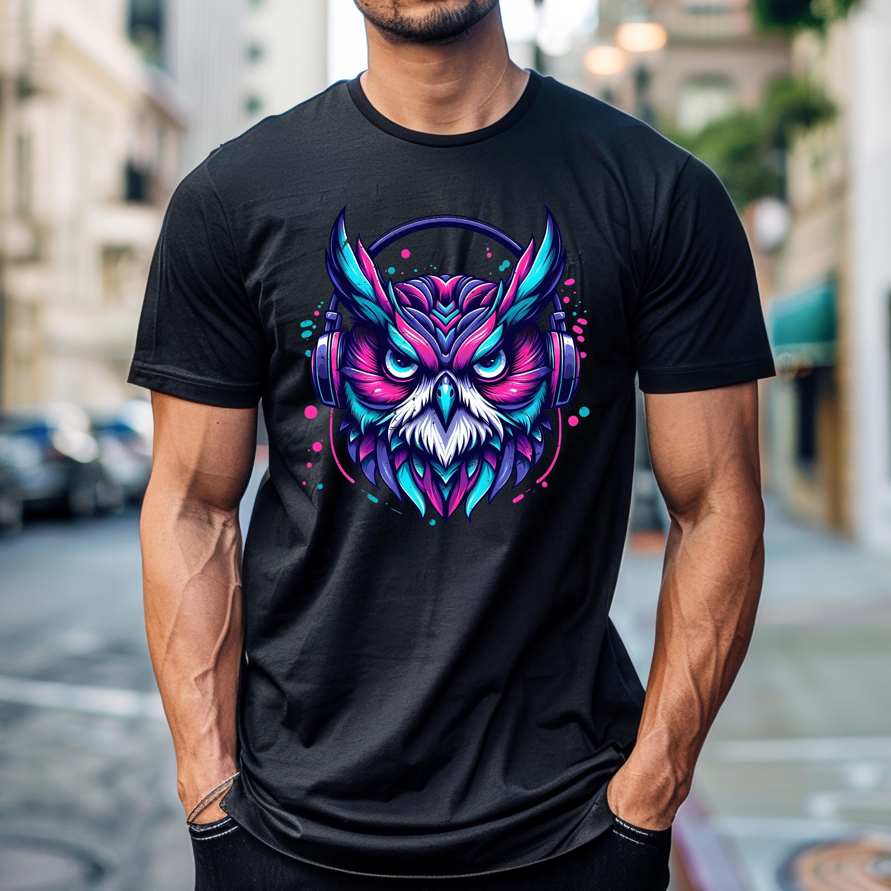Cyberpunk Techno Owl Shirt, Owl Wearing Headphones T-Shirts, Cool Animal Graphic Gifts, Cyberpunk Ow