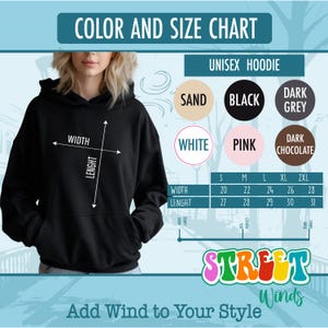 a woman wearing a black hoodie with the words color and size chart on it