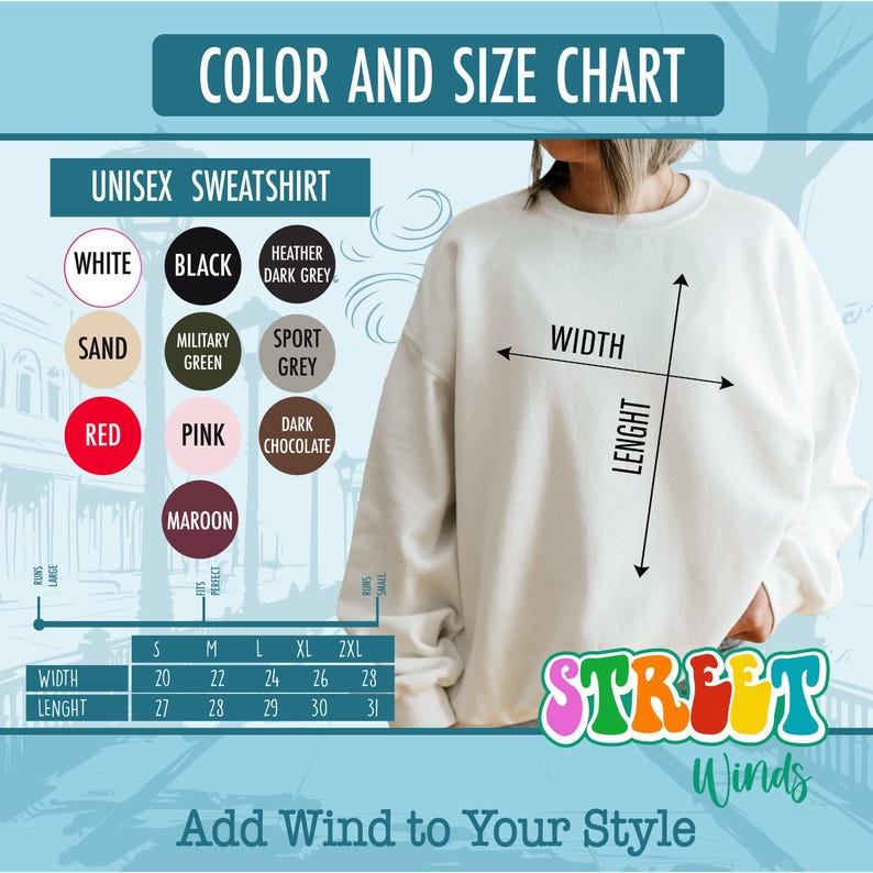 a woman wearing a white sweatshirt with the words, color and size chart