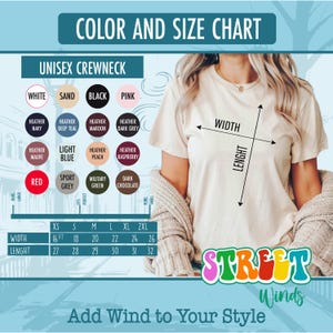 a woman wearing a white t - shirt with the words, color and size chart