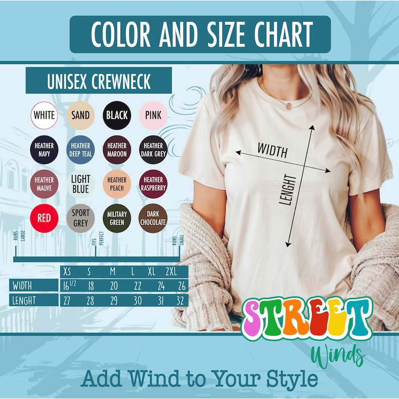 a woman wearing a white t - shirt with the words, color and size chart
