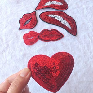 Red Sequin Heart Patch: Iron-On Embroidery Applique (6x7 cm)