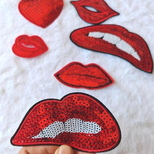 Patches labiais, patch de lábios vermelhos, patch de lantejoulas, bordado de lantejoulas, patch de passar a ferro, patches de boné de caminhoneiro, patch moderno, patch preppy