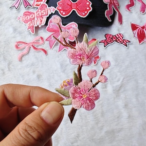 Pink Plum Blossom Patch: Embroidered Iron-On Applique