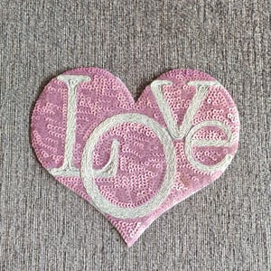 Parche de corazón grande, parche de corazón con lentejuelas, parche de carta de amor, bordado de corazón, corazón rosa, aplique de ropa DIY, parche brillante bordado