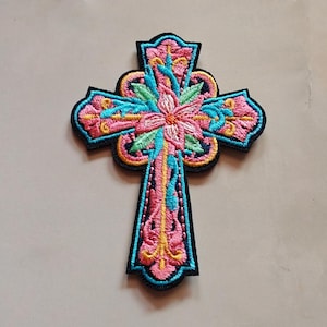 Christian Cross Embroidered Patch: Iron-On Applique (7.5cm x 5.5cm)