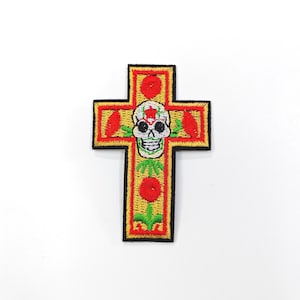 Christian Cross Embroidery Patch, Skull and Cross Patch, Red Floral Cross Patch,  Iron on/Sew on Religious Emblem. Patch For hats, clothing.