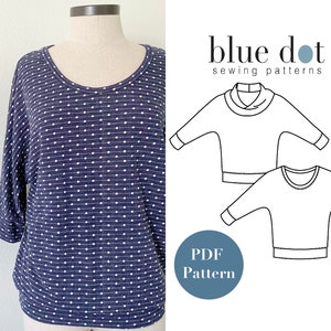 May include: A blue and white polka dot top with a scoop neck and 3/4 sleeves. The image also includes a line drawing of the top in two different styles, with the text "blue dot sewing patterns" and "PDF Pattern".