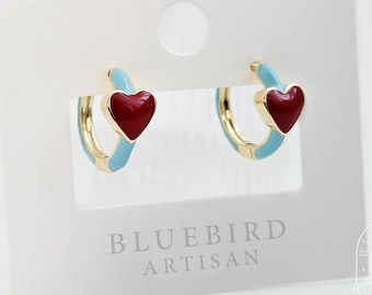 Unique Huggie Hoop Earrings, Handmade Enamel Earrings, Blue Heart Dainty Earring, Hypoallergenic Everyday Earrings, Gift for Her, Minimalist