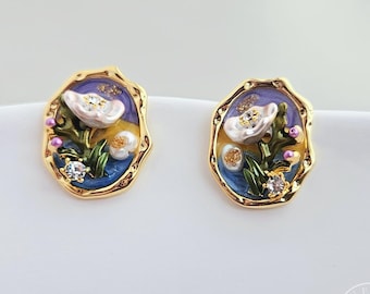 Handmade Floral Enamel Stud Earrings, 14K Gold-Plated Studs with Pearl and Zircon, Monet Garden Impressionist Nature Spring Jewelry Gift