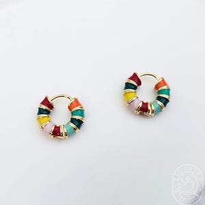 Colorful rainbow enamel gold huggie hoop earrings for vibrant summer vacation style