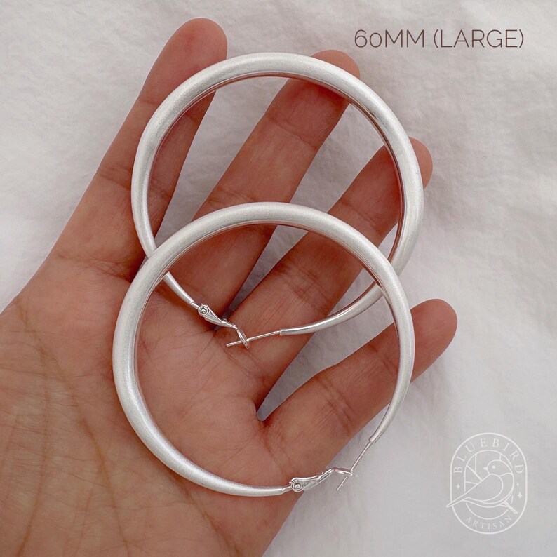 Classic Matte Silver-Plated Hoop Earrings 30mm/40mm/60mm, Lightweight Medium/large Hoops with Latch Back, Handmade Dainty Minimalist Jewelry Silver 60mm (Large)