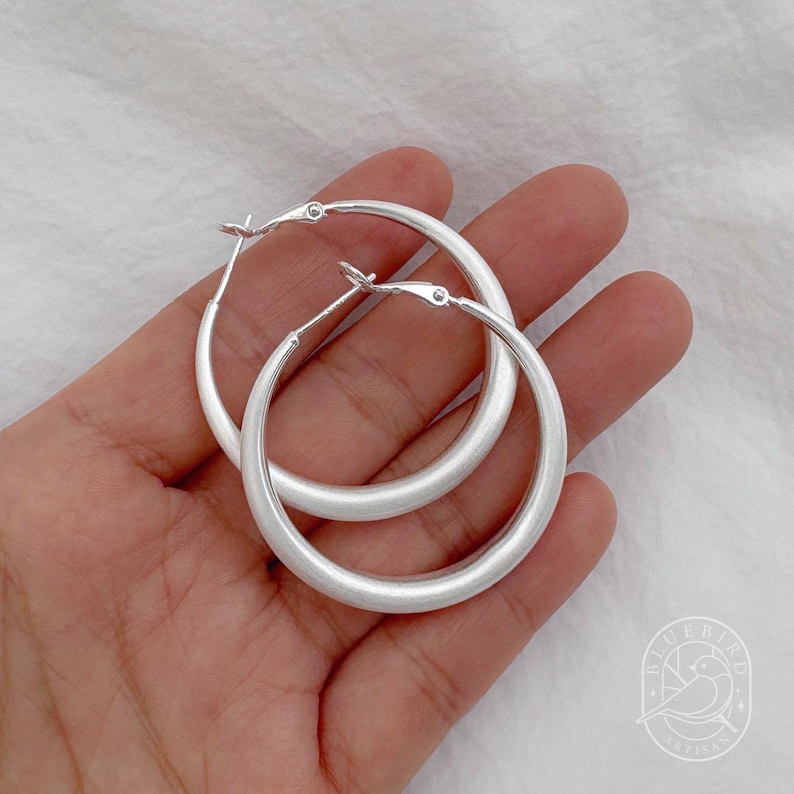 Classic Matte Silver-Plated Hoop Earrings 30mm/40mm/60mm, Lightweight Medium/large Hoops with Latch Back, Handmade Dainty Minimalist Jewelry image 1