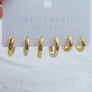 May include: A set of six gold-colored hoop earrings in varying sizes. The earrings are displayed on a white card with the text "BLUEBIRD ARTISAN". The earrings have a polished, shiny finish and are arranged in a row.