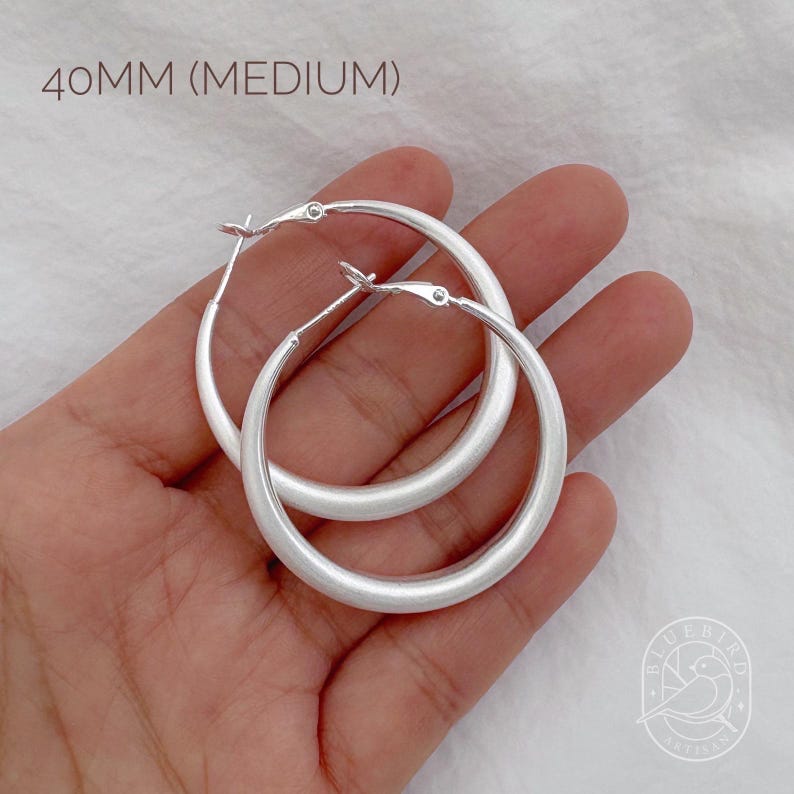 Classic Matte Silver-Plated Hoop Earrings 30mm/40mm/60mm, Lightweight Medium/large Hoops with Latch Back, Handmade Dainty Minimalist Jewelry Silver 40mm