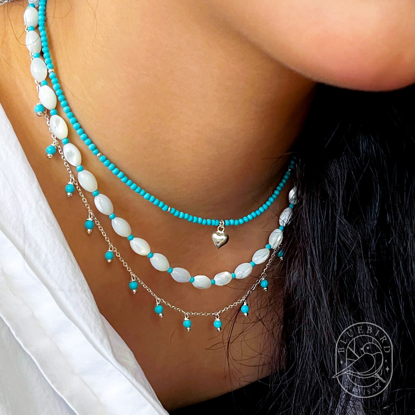 Turquoise and Mother of Pearl Necklace, Handmade Unique Beaded Necklace, Natural Gemstone Jewelry, Adjustable Layering Necklace, Birthstone