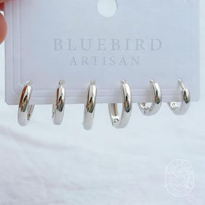 May include: A set of six silver hoop earrings of varying sizes, displayed on a white card. The card has the text "BLUEBIRD ARTISAN" in a sans-serif font. The earrings are shiny and reflective.