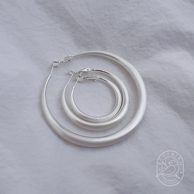 Classic Matte Silver-Plated Hoop Earrings 30mm/40mm/60mm, Lightweight Medium/large Hoops with Latch Back, Handmade Dainty Minimalist Jewelry image 6