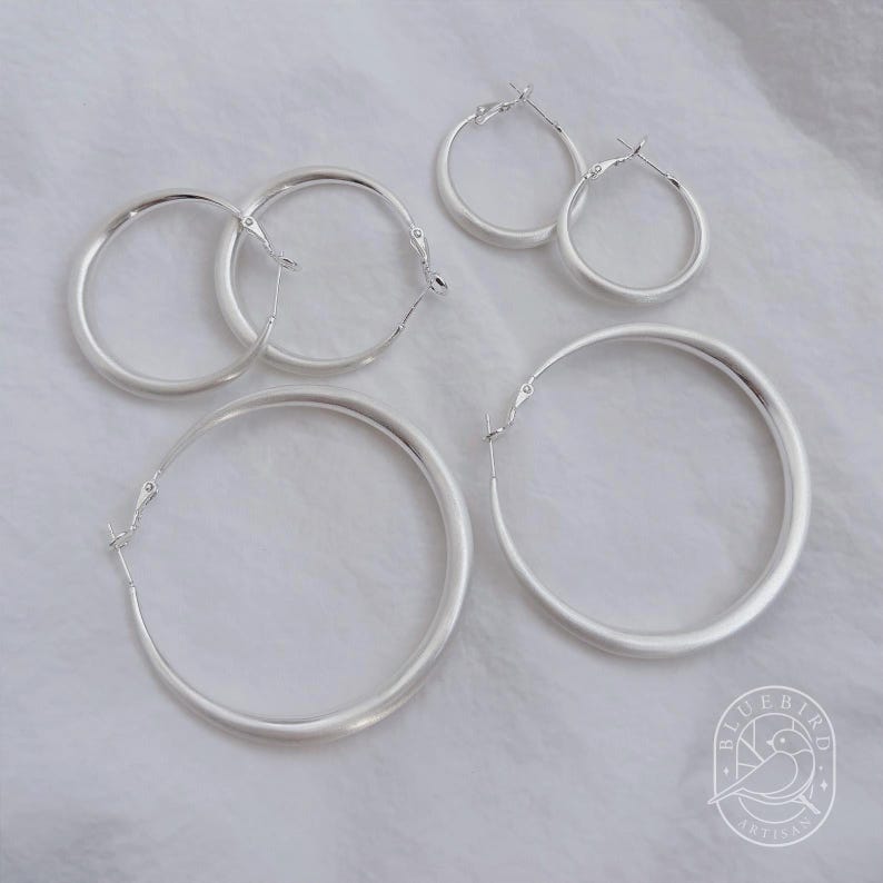 Classic Matte Silver-Plated Hoop Earrings 30mm/40mm/60mm, Lightweight Medium/large Hoops with Latch Back, Handmade Dainty Minimalist Jewelry image 2