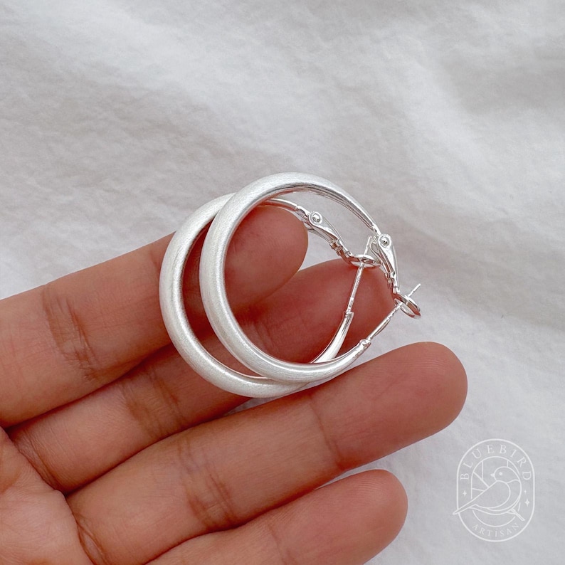 Classic Matte Silver-Plated Hoop Earrings 30mm/40mm/60mm, Lightweight Medium/large Hoops with Latch Back, Handmade Dainty Minimalist Jewelry image 9