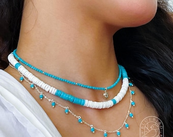 Handmade Adjustable Layering Necklace, Turquoise and Mother of Pearl Beaded Necklace, Natural Gemstone Jewelry, Unique Energy Stone Necklace