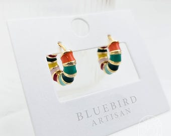 Unique Huggies Hoop Earrings, Handmade Enamel Earrings, Colorful Dainty Earrings, Hypoallergenic Everyday Earrings, Gift for Her, Minimalist