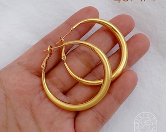 Classic 14K Gold Plated Matte Finish Hoop Earrings 30mm/40mm, Lightweight Medium Round Hoop Earrings, Handmade Dainty Minimalist Jewelry