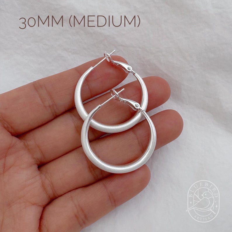 Classic Matte Silver-Plated Hoop Earrings 30mm/40mm/60mm, Lightweight Medium/large Hoops with Latch Back, Handmade Dainty Minimalist Jewelry Silver 30mm